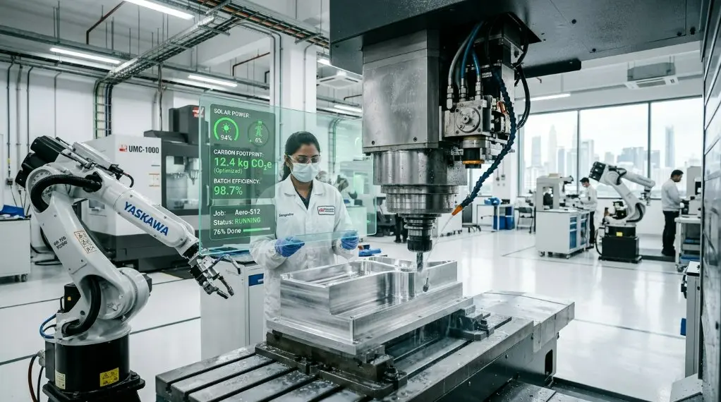 A futuristic, clean-room CNC machining facility in Southeast Asia featuring robotic arms and high-precision milling machines with a focus on sustainable energy indicators.